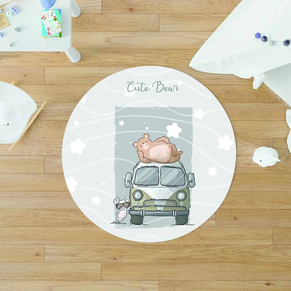 Ayı ve Fare Karakterleri, Karavan Yuvarlak Halı | Açık Mavi yıldızlar, dalgalı çizgiler Desenli