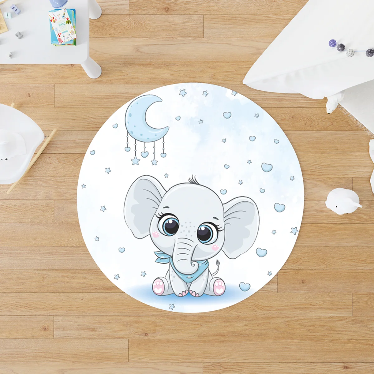 Fil, Ay ve Yıldızlar Yuvarlak Halı | Beyaz yıldız, ay Desenli