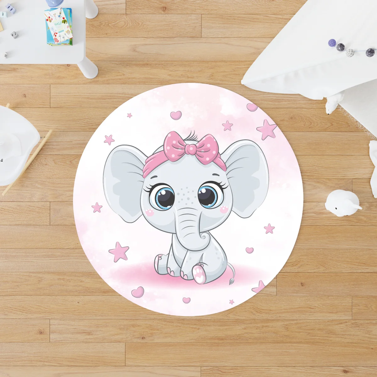 Fil Yuvarlak Halı | Pembe yıldız, bulut Desenli