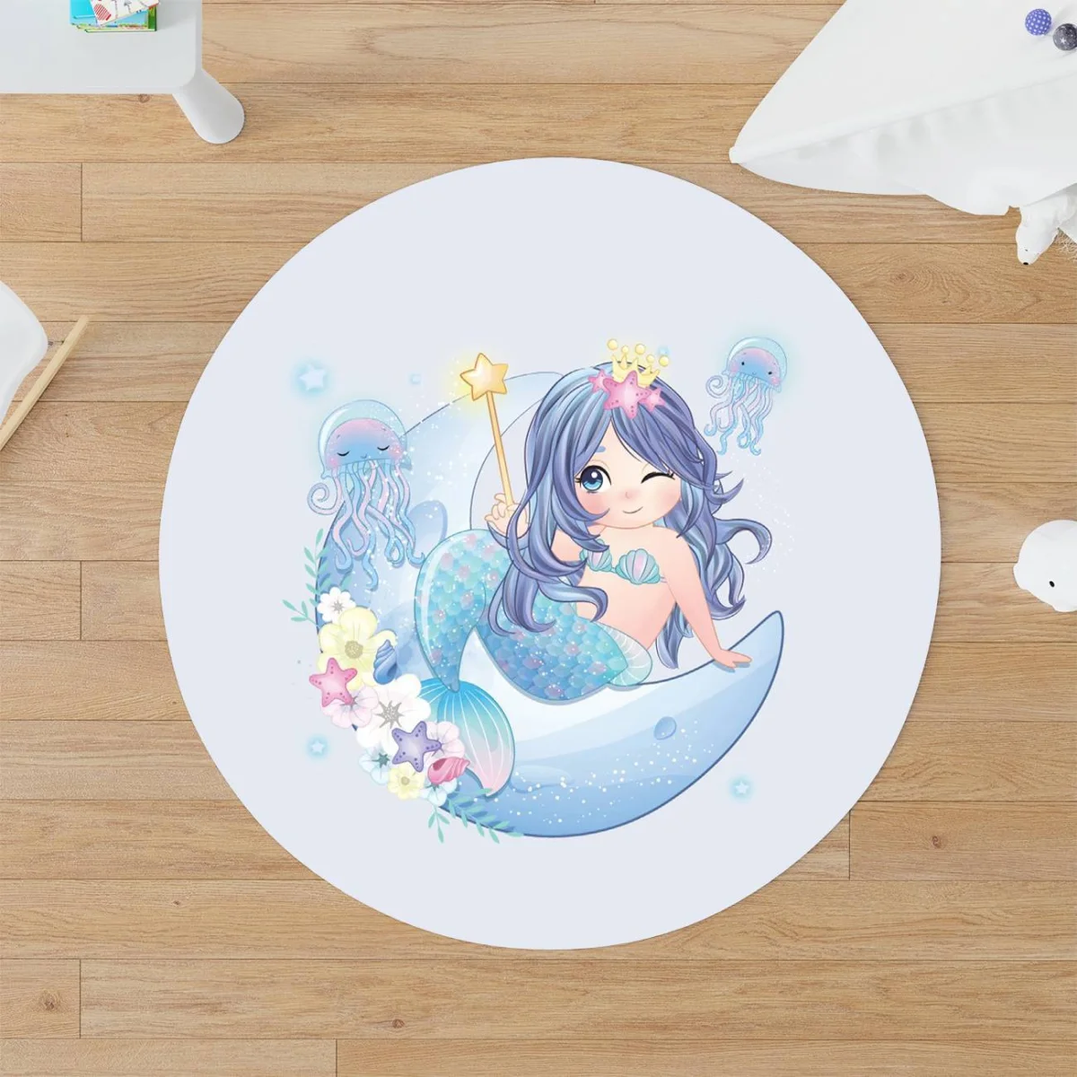 Deniz Kızı Yuvarlak Halı | Açık Mavi yıldız, deniz kabuğu Desenli