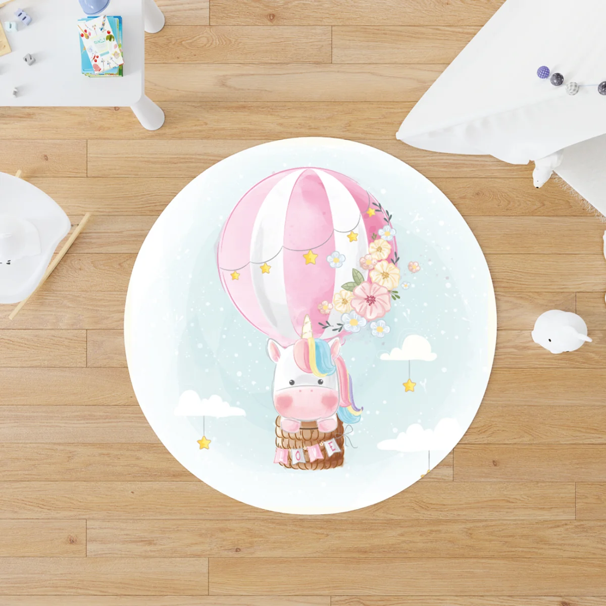 Unicorn Yuvarlak Halı | Mavi sıcak hava balonu, bulut Desenli
