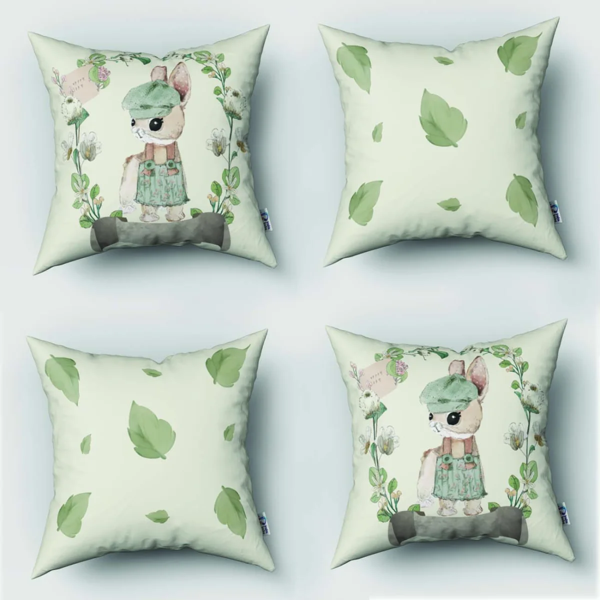 Tavşan 4lü Kırlent | Krem yapraklar, çiçekler Desenli