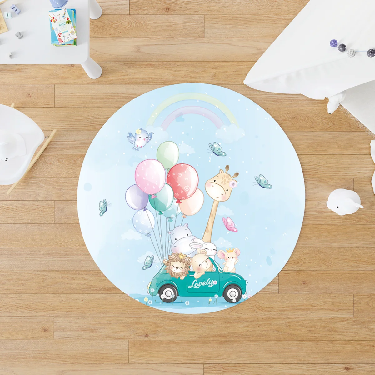 Sevimli Hayvanlar Yuvarlak Halı | Mavi Balonlar, araba Desenli