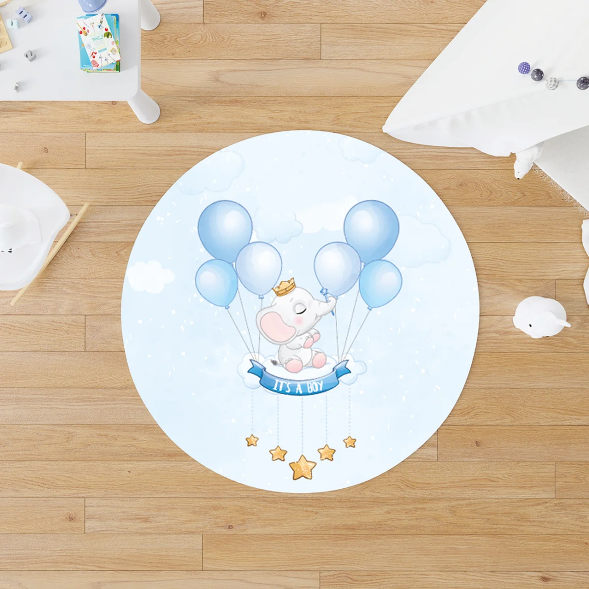 Fil Yuvarlak Halı | Mavi balon, bulut Desenli