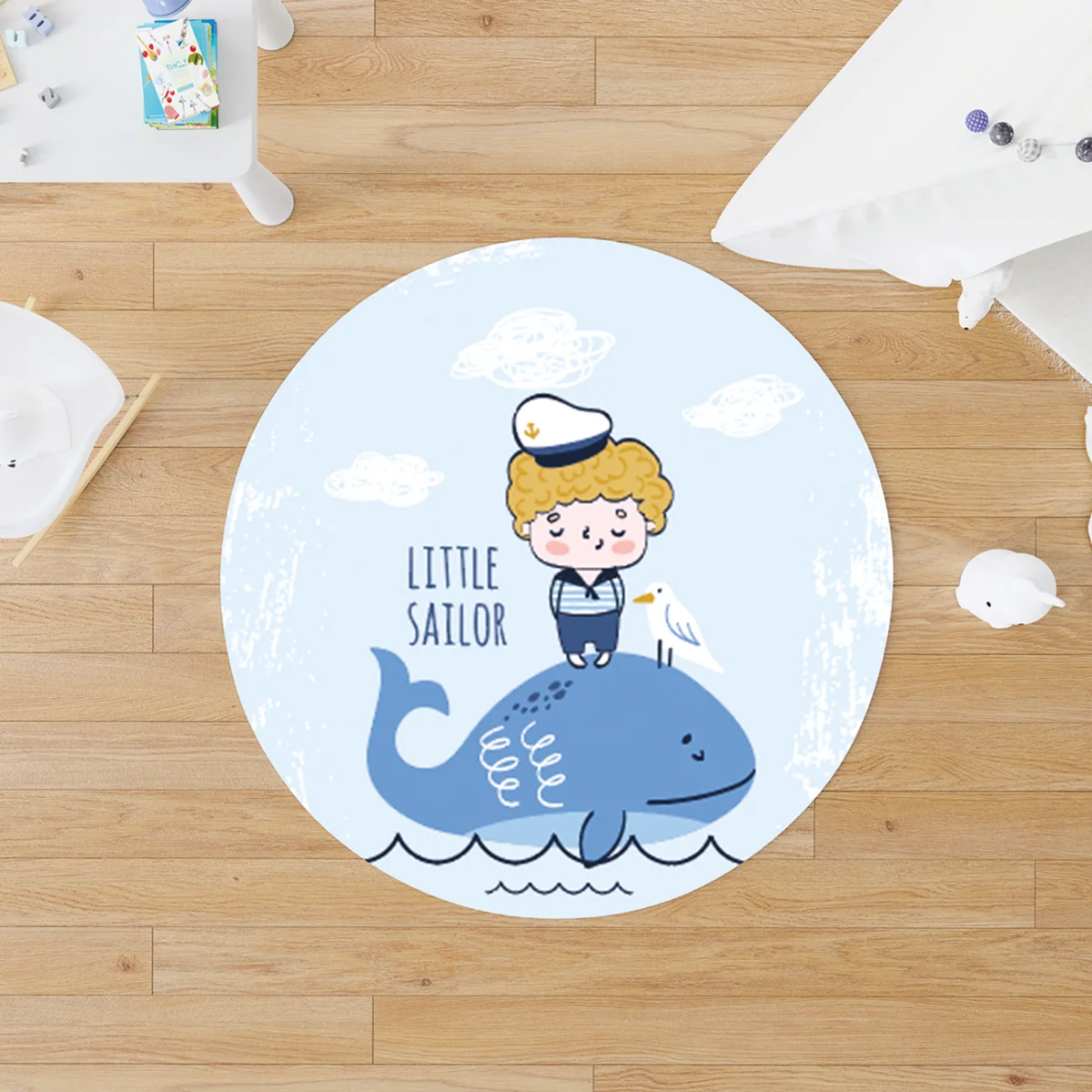 Denizci ve Balina Yuvarlak Halı | Mavi bulutlar, martı Desenli