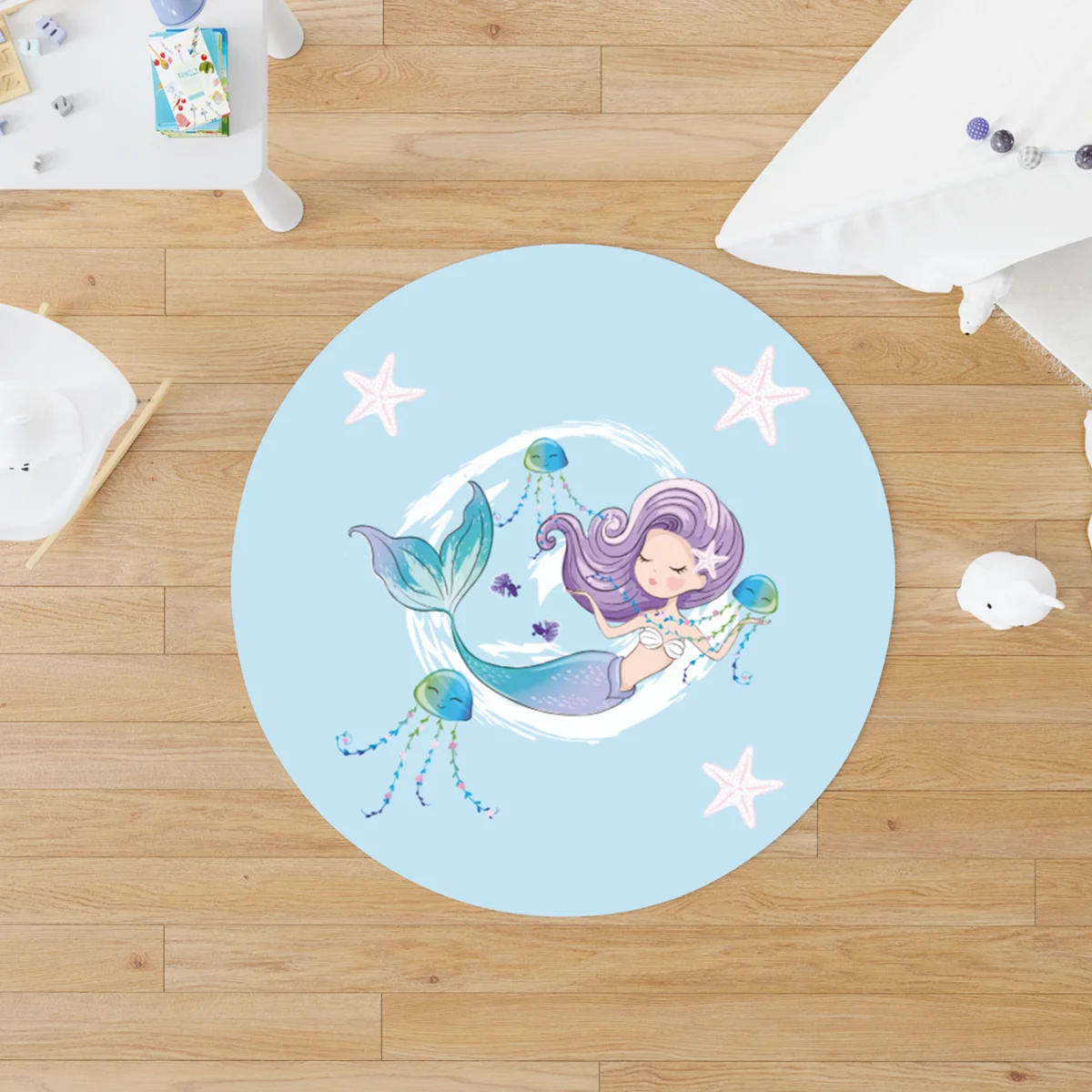 Deniz Kızı Yuvarlak Halı | Açık Mavi Deniz yıldızı, deniz anası Desenli