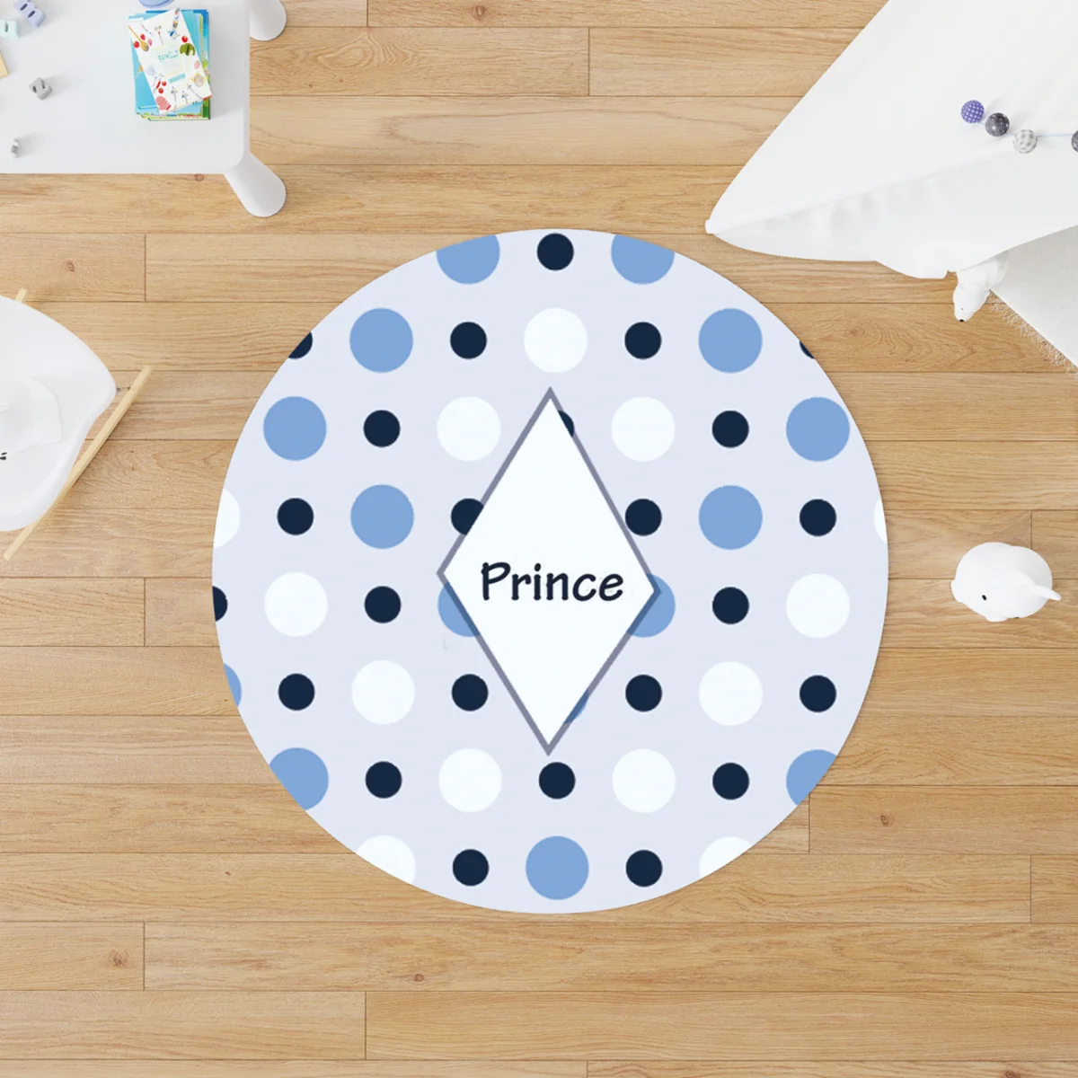 Prens Yuvarlak Halı | Gri Mavi Puantiye, elmas çerçeve Desenli