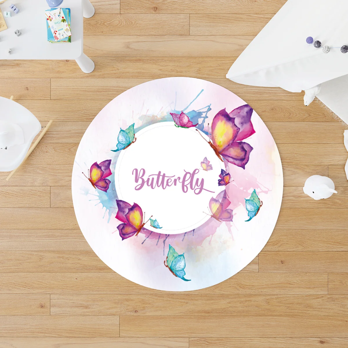 Kelebek Yuvarlak Halı | Beyaz farklı renklerde kelebekler, sulu boya sıçramaları Desenli