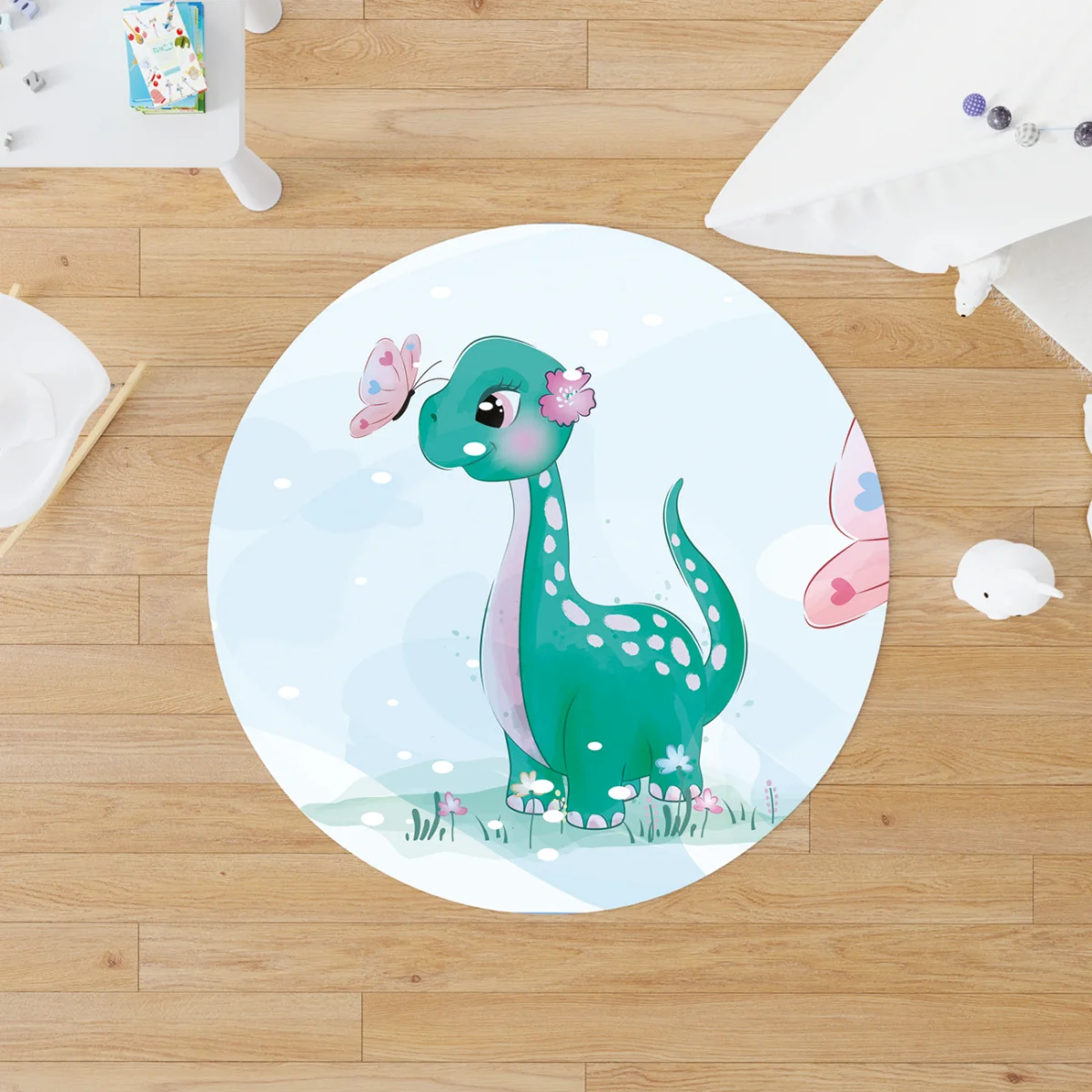 Dinozor Yuvarlak Halı | Mavi kelebekler, çiçekler Desenli