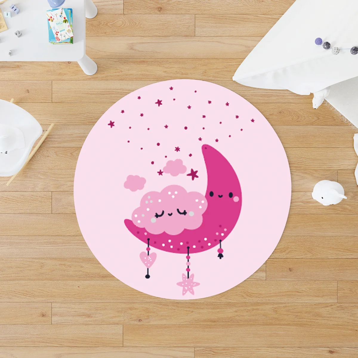 Ay ve Bulutlar Yuvarlak Halı | Pembe yıldız, bulut Desenli