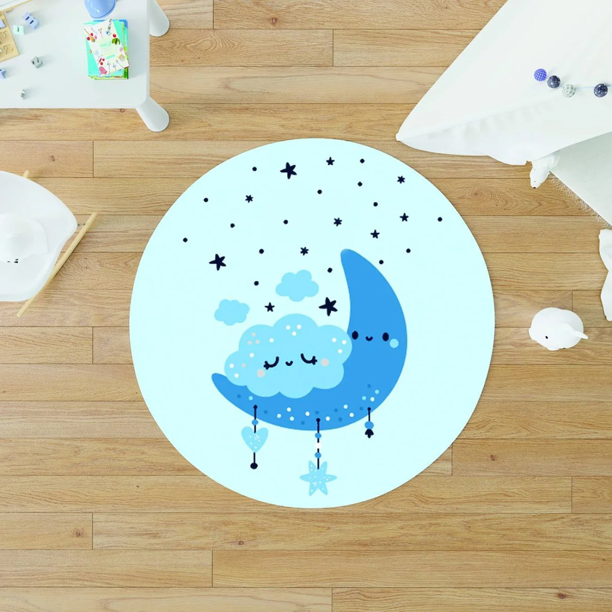 Ay ve bulutlar Yuvarlak Halı | Mavi yıldız, bulut Desenli