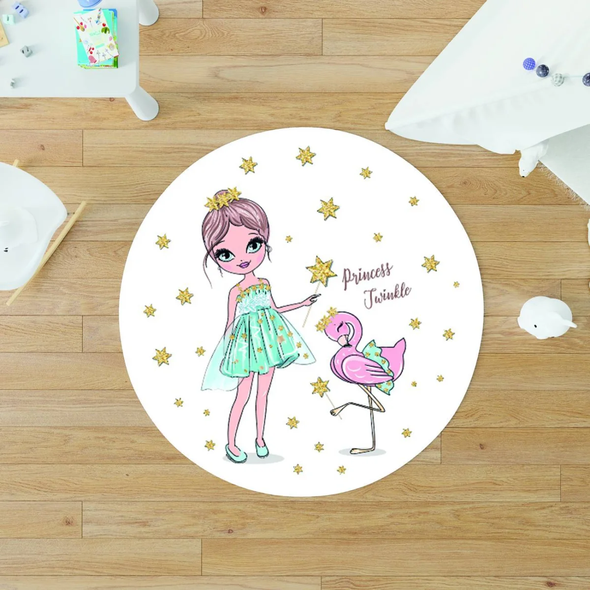Prenses ve Flamingo Yuvarlak Halı | Beyaz Yıldızlar, Princess Twinkle yazısı Desenli