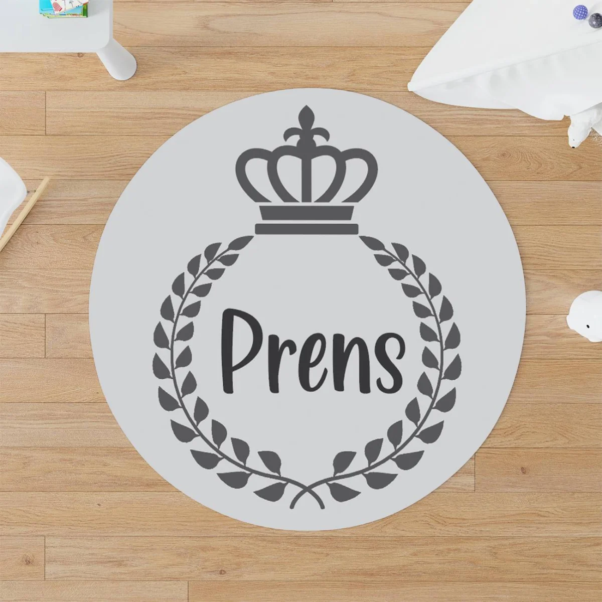 Kraliyet / Prens Yuvarlak Halı | Açık Gri Taç, defne çelengi Desenli