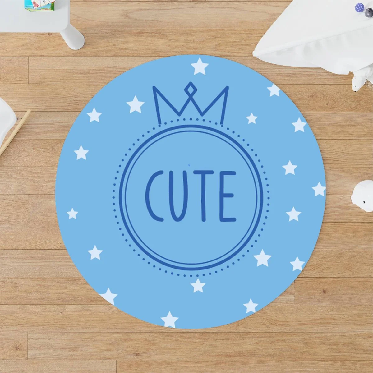 Taç Yuvarlak Halı | Mavi yıldızlar, taç Desenli