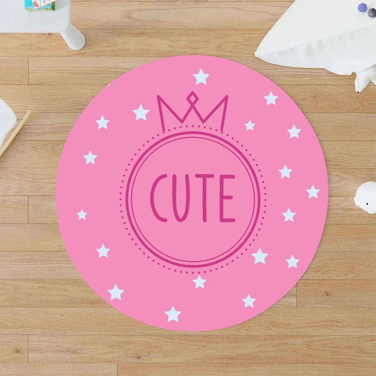 Prenses tacı Yuvarlak Halı | Pembe yıldız, sevimli yazı Desenli