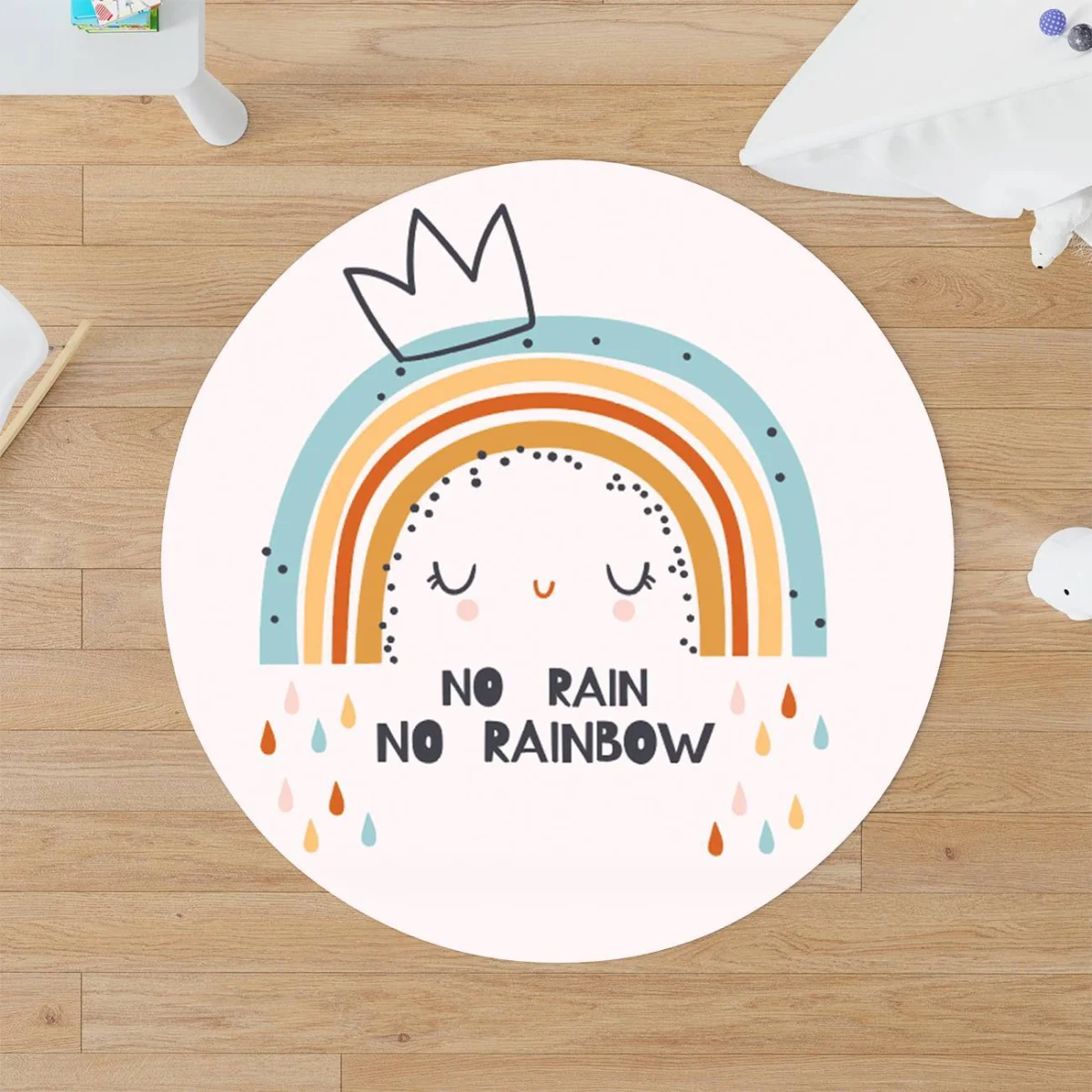 Gökkuşağı karakteri Yuvarlak Halı | Beyaz Gökkuşağı, damla Desenli