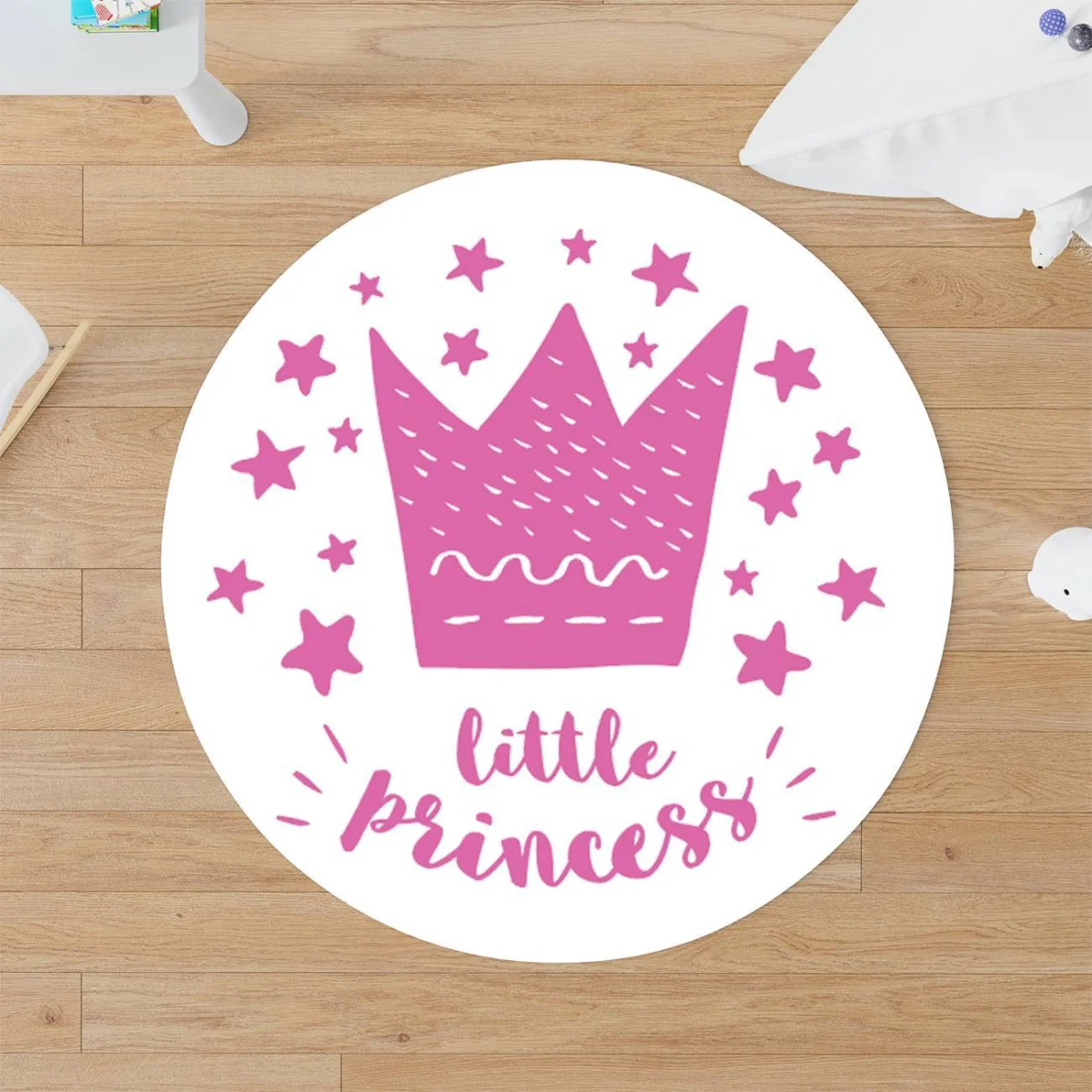 Prenses Yuvarlak Halı | Beyaz Taç, yıldız Desenli