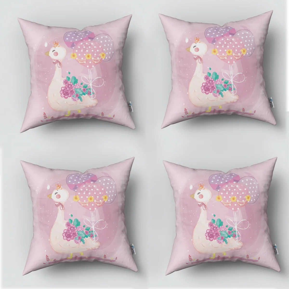 Prenses Kaz 4lü Kırlent | Pembe balonlar, çiçekler Desenli