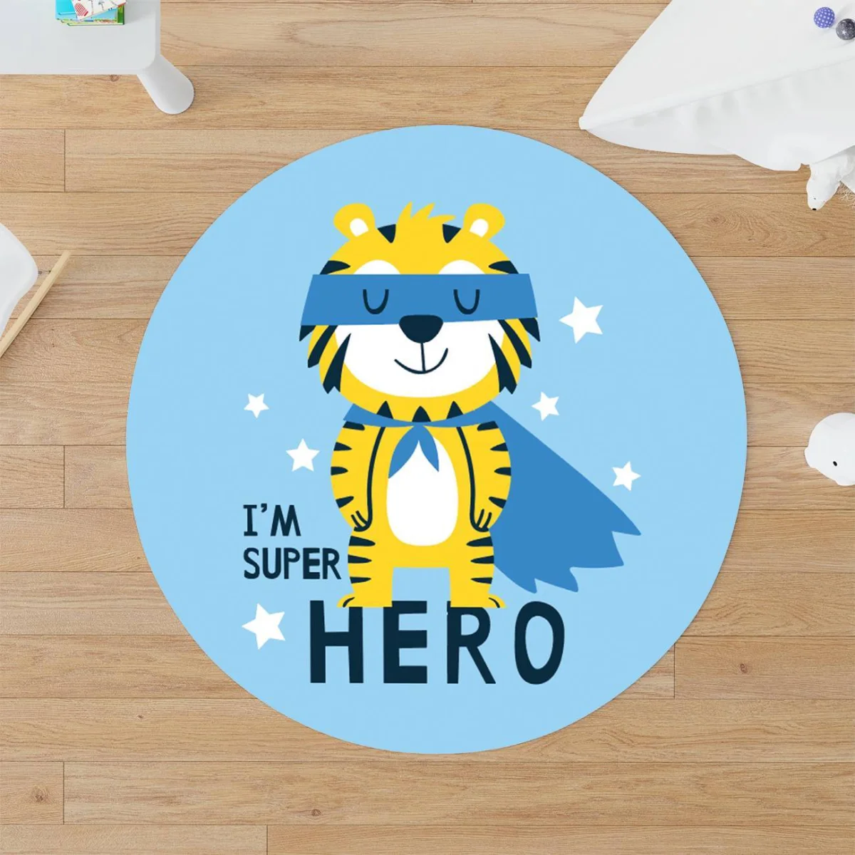 Süper Kahraman Kaplan Yuvarlak Halı | Mavi yıldızlar, süper kahraman yazısı Desenli