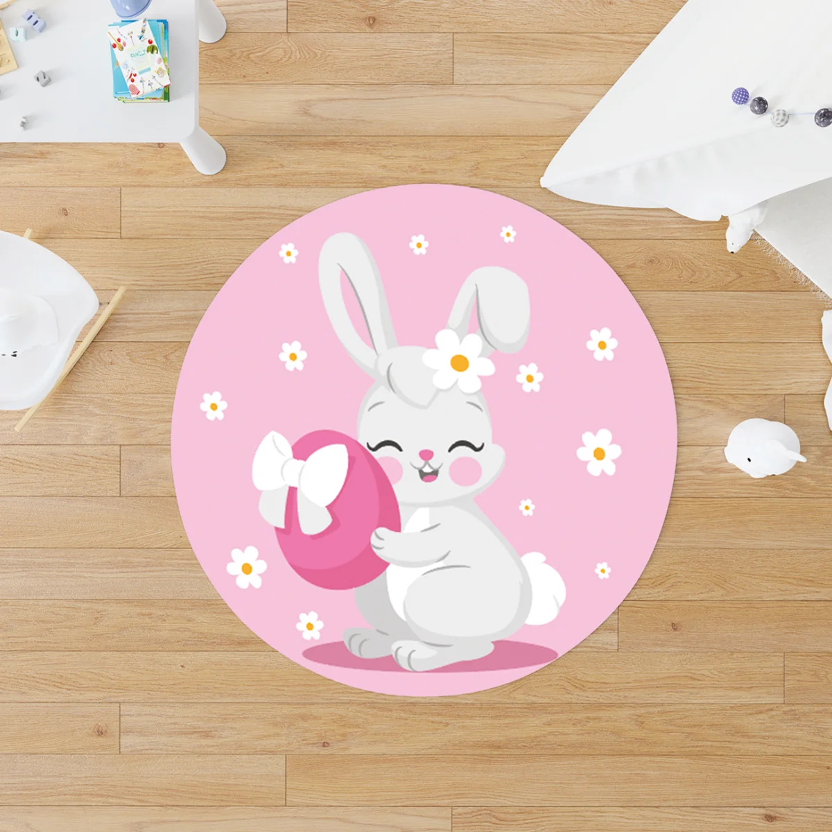 Tavşan Yuvarlak Halı | Pembe Beyaz papatya çiçekleri, pembe yumurta Desenli