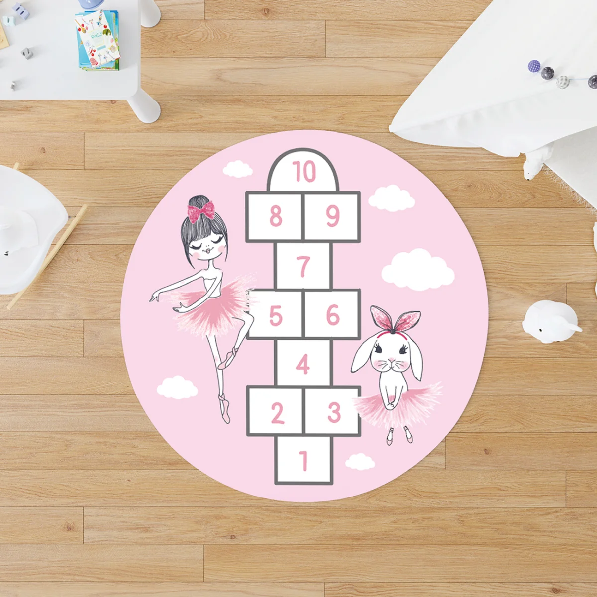 Balerin ve Tavşan Yuvarlak Halı | Pembe bulut, sayı Desenli