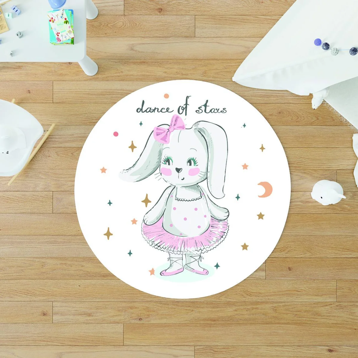 Balerin Tavşan Yuvarlak Halı | Beyaz yıldızlar, ay Desenli