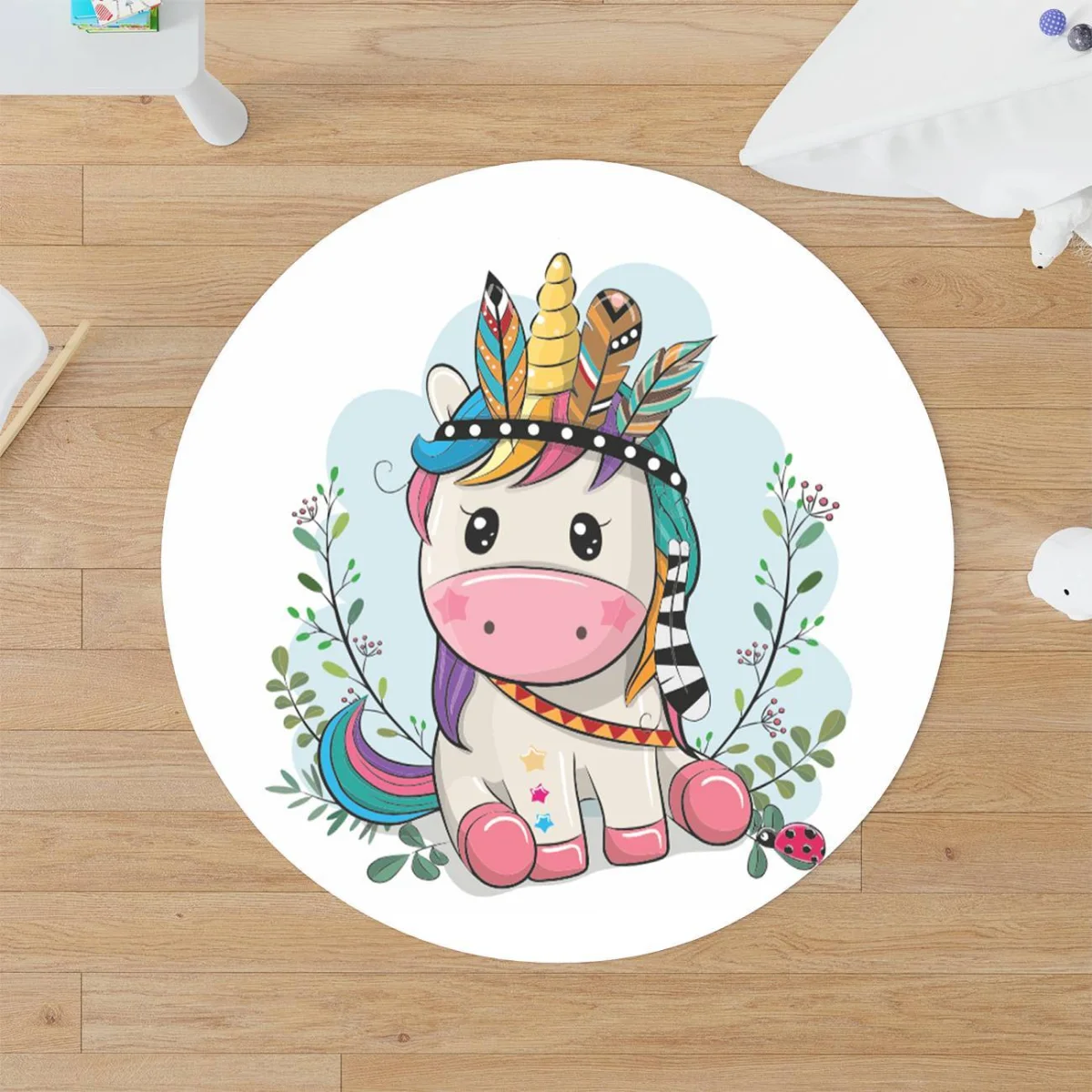 Unicorn Yuvarlak Halı | Beyaz Yapraklar, bulut Desenli
