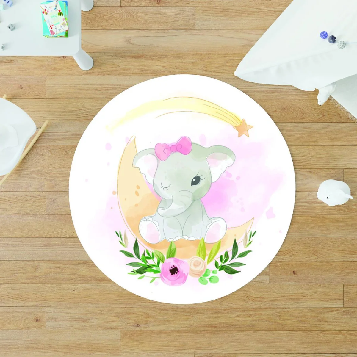 Fil, ay Yuvarlak Halı | Beyaz pembe fiyonk, ay Desenli
