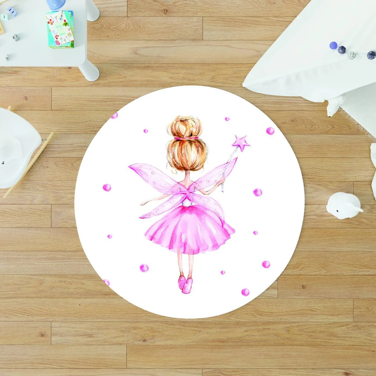 Peri Kız Yuvarlak Halı | Beyaz pembe baloncuklar, sihirli yıldız Desenli