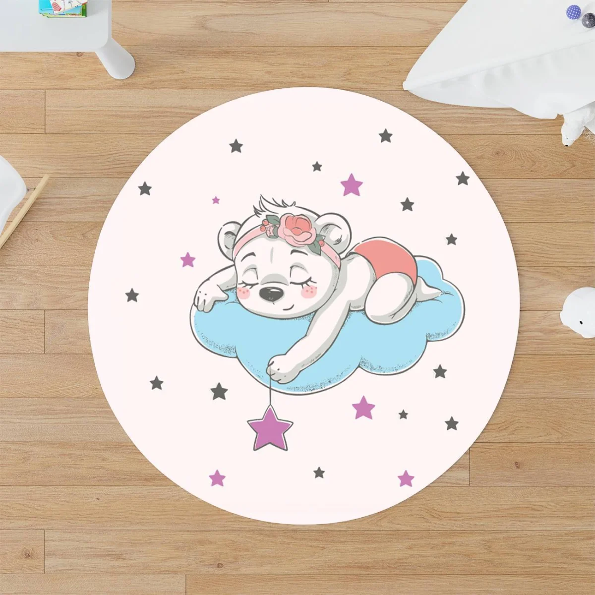 Uyuyan Ayıcık Yuvarlak Halı | Lila yıldız, bulut Desenli