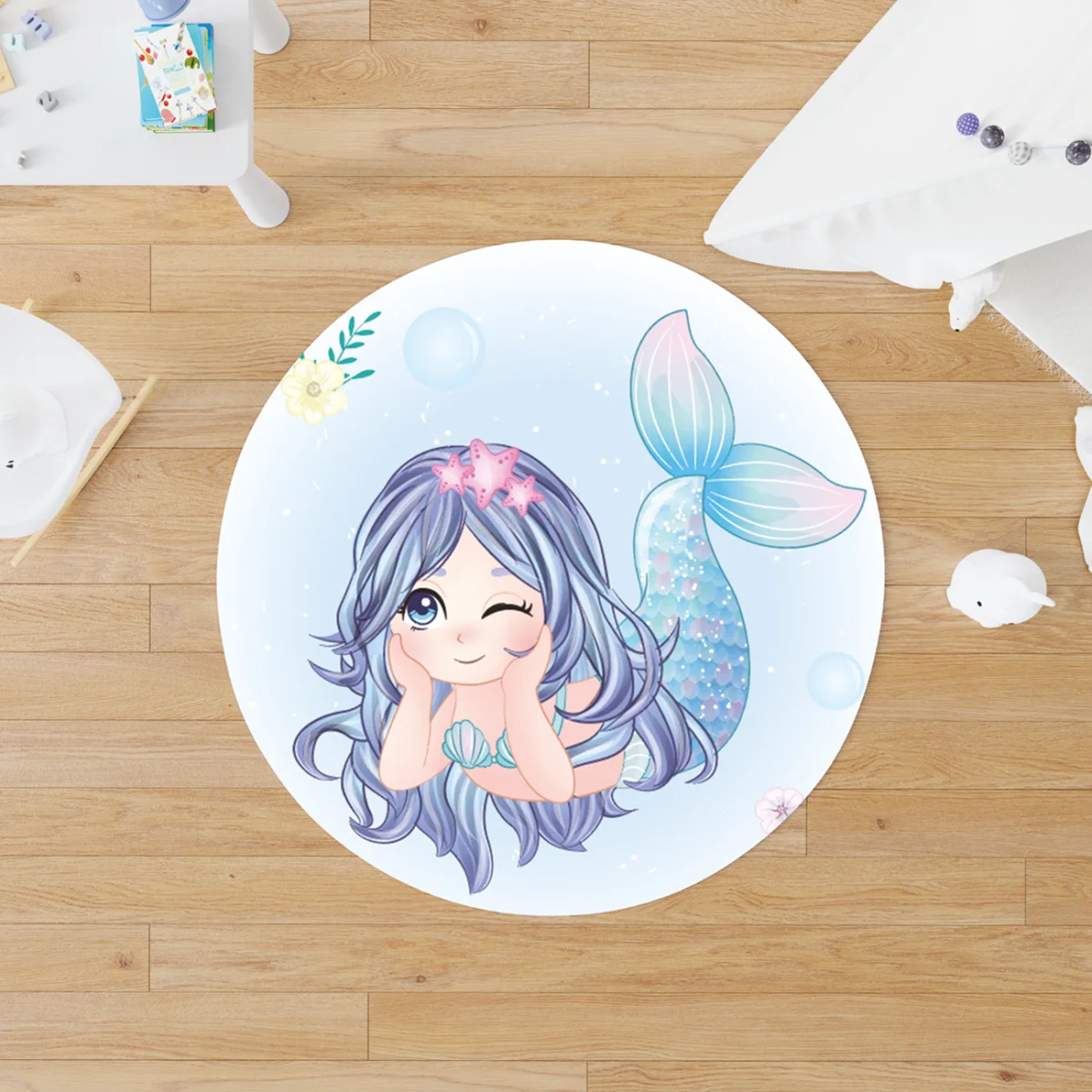 Denizkızı Yuvarlak Halı | Mavi Deniz canlıları, yıldızlar Desenli