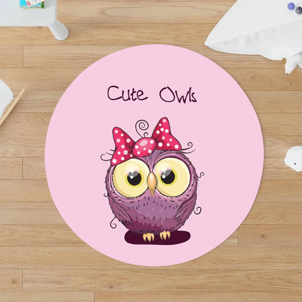 Baykuş Yuvarlak Halı | Pembe sevimli mor baykuş, puantiyeli fiyonk Desenli