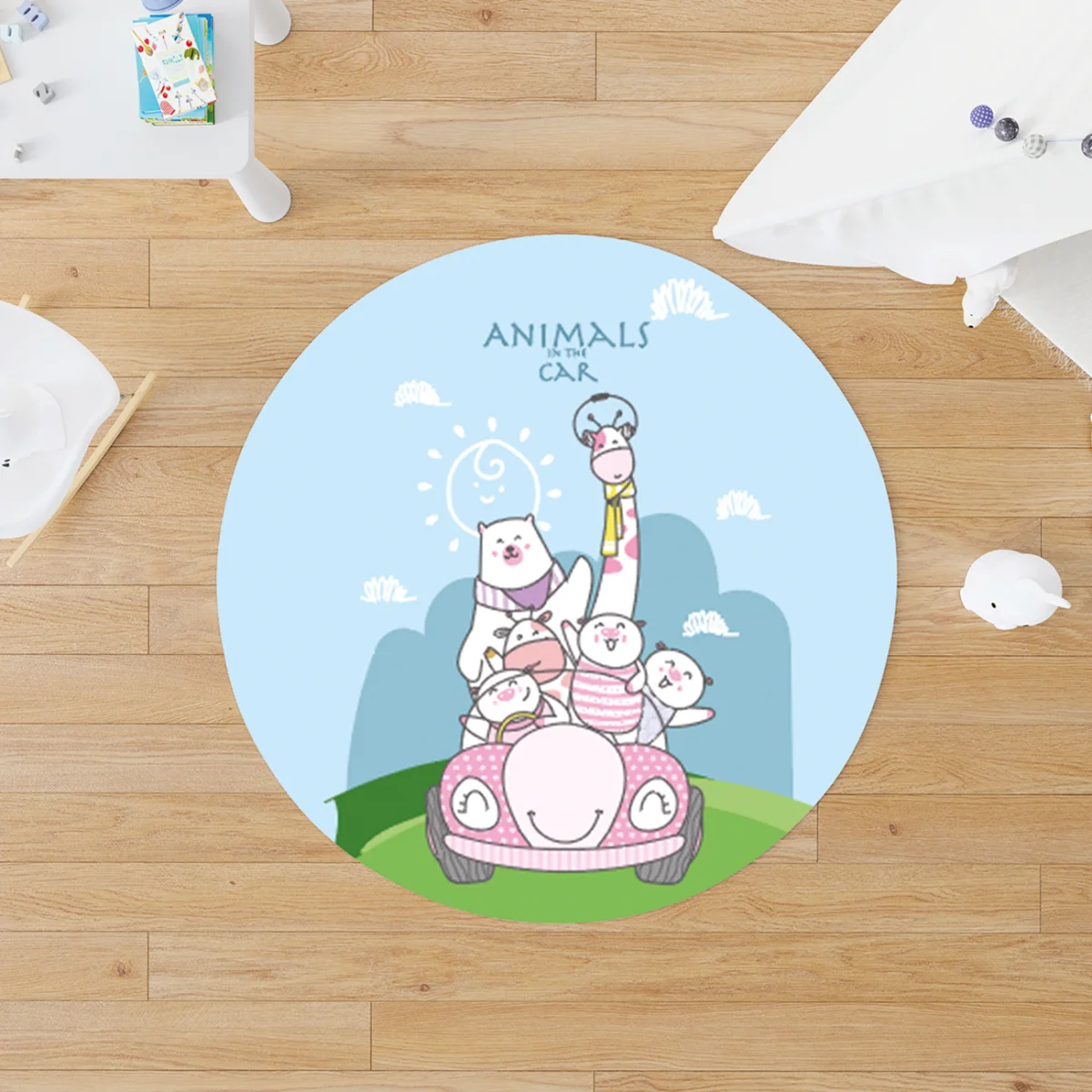 Orman Hayvanları Yuvarlak Halı | Mavi bulut, güneş Desenli