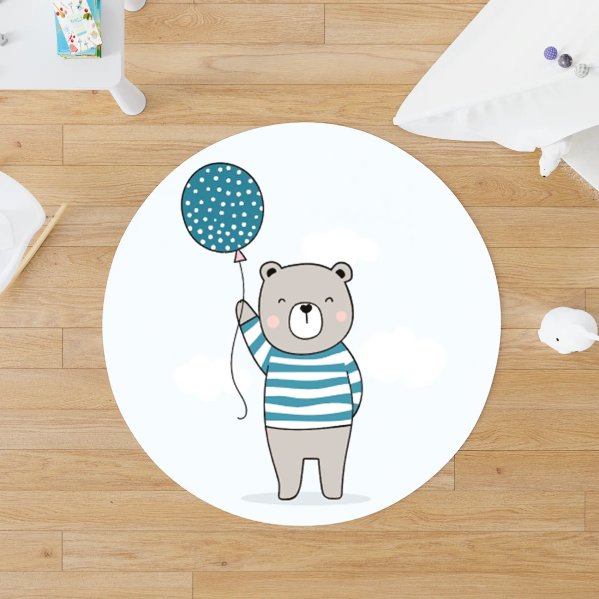 Ayıcık Yuvarlak Halı | Mavi bulutlar, balon Desenli