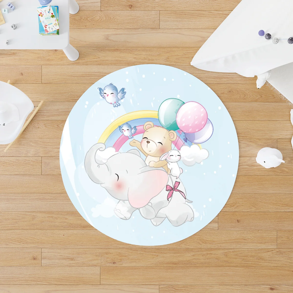 Sevimli Hayvanlar Yuvarlak Halı | Mavi bulut, gökkuşağı Desenli