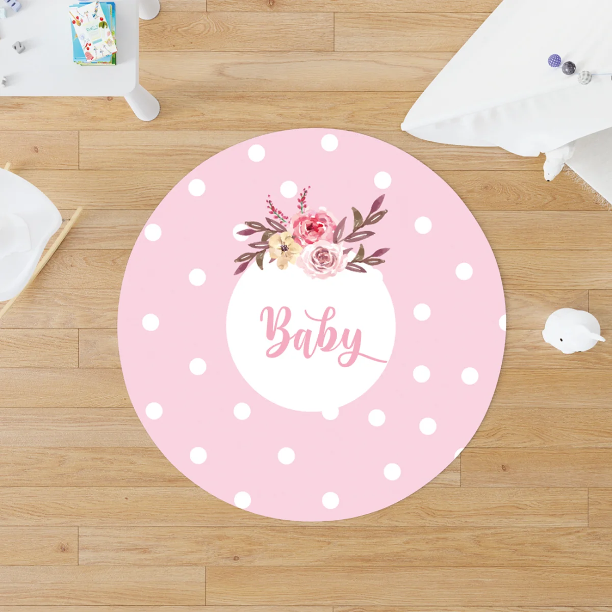 Çiçekli Baby Yuvarlak Halı | Pembe beyaz puantiye, çiçekler Desenli