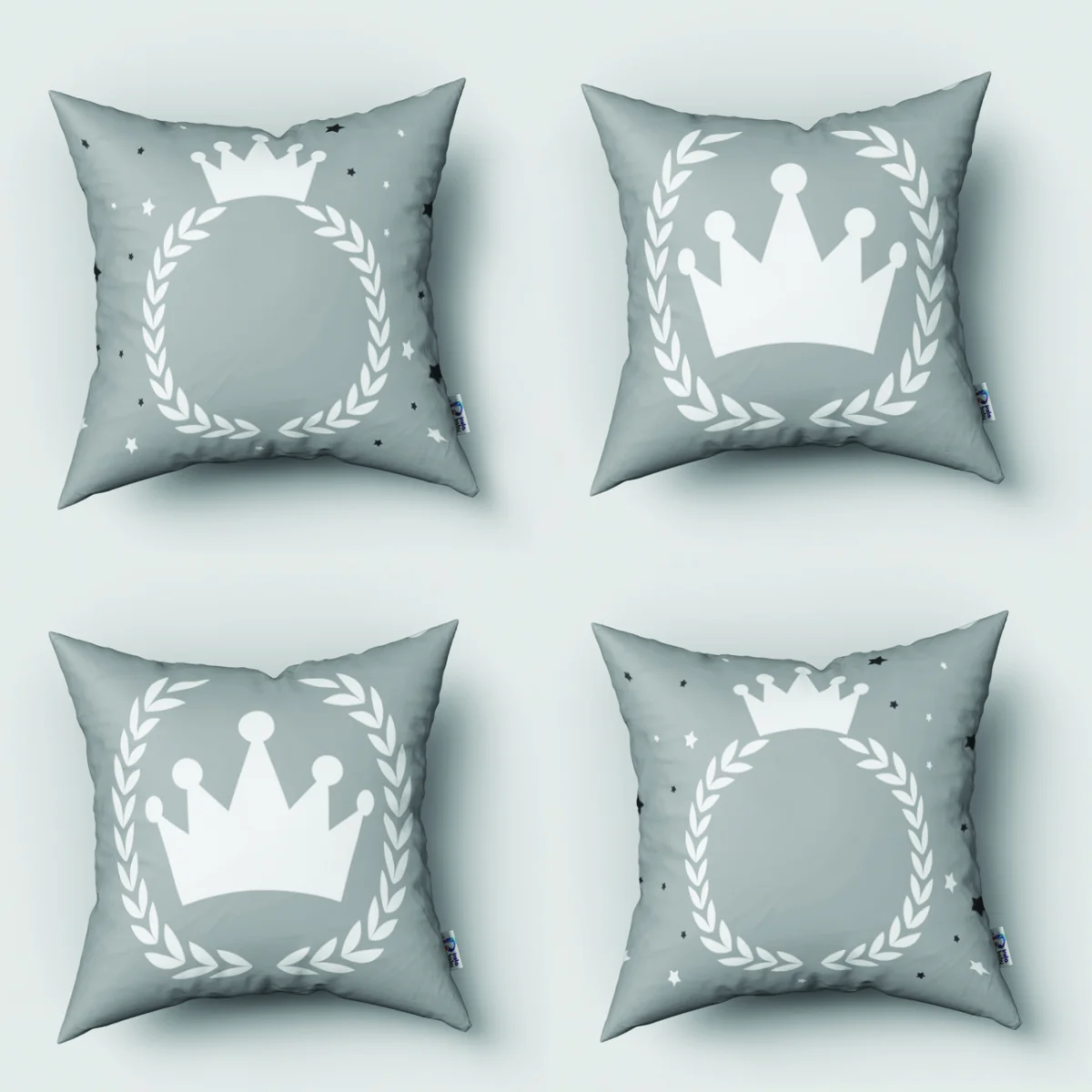Kraliyet / Taç 4lü Kırlent | Gri Yıldızlar, defne yaprağı çelengi Desenli