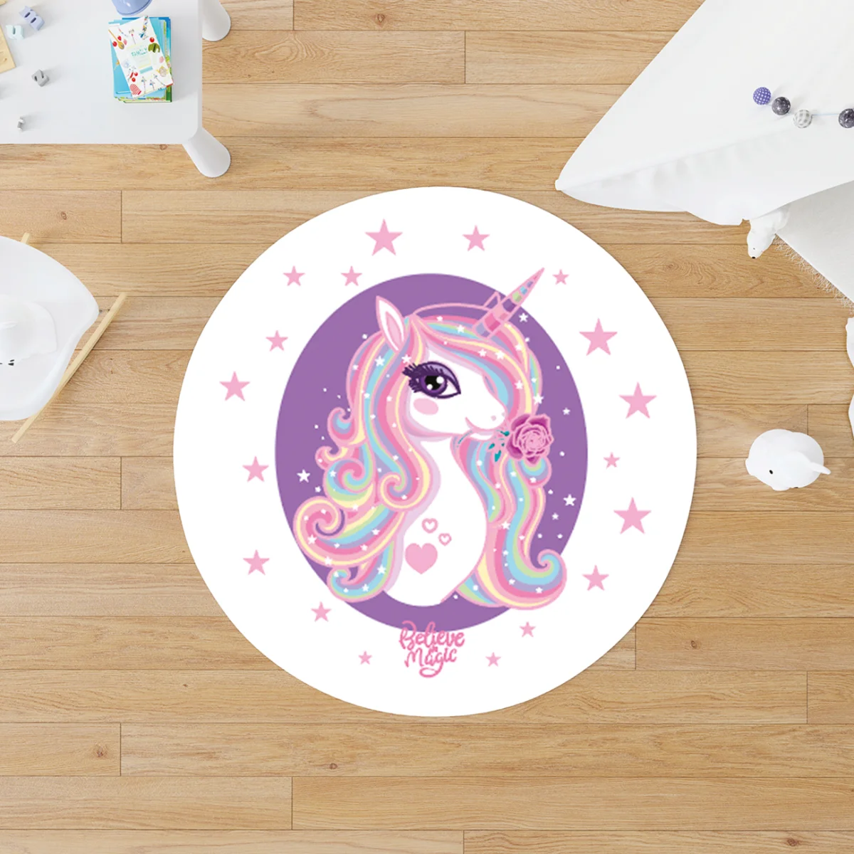 Unicorn Yuvarlak Halı | Beyaz yıldızlar, gökkuşağı Desenli