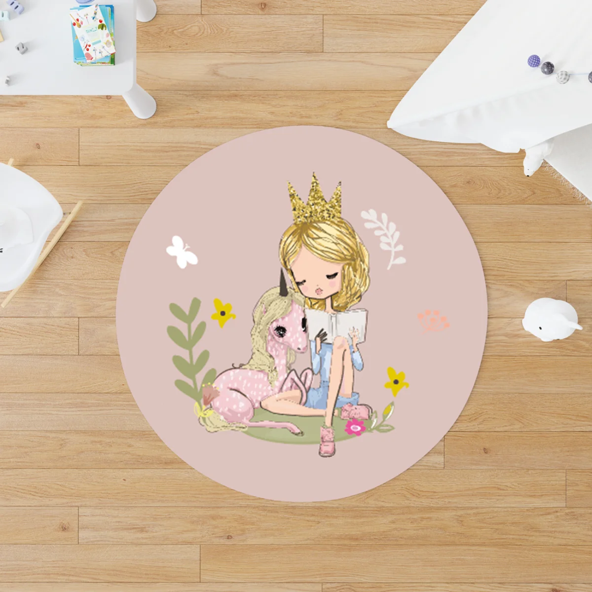Prenses ve Unicorn Yuvarlak Halı | Pembe Kelebekler, çiçekler Desenli