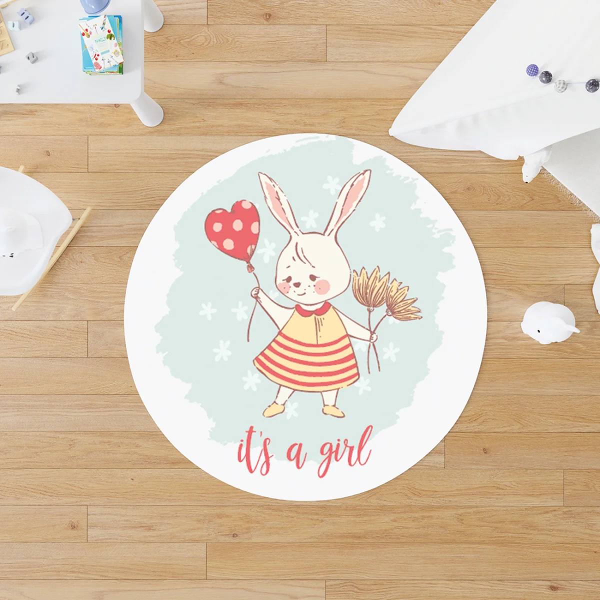 Sevimli Tavşan Yuvarlak Halı | Beyaz küçük çiçekler, kalp balon Desenli