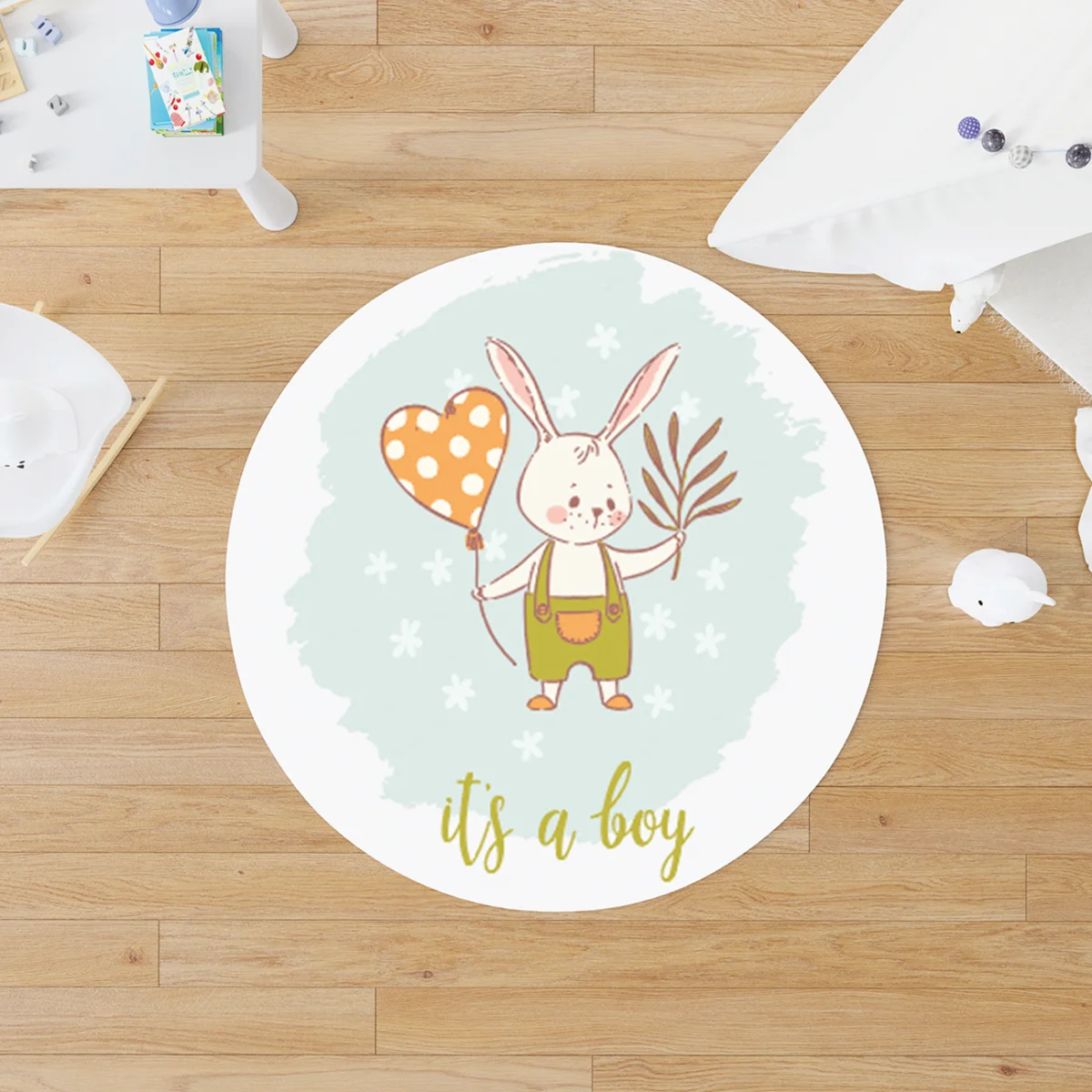 Tavşan Yuvarlak Halı | Beyaz Kalpli balon, yapraklar Desenli