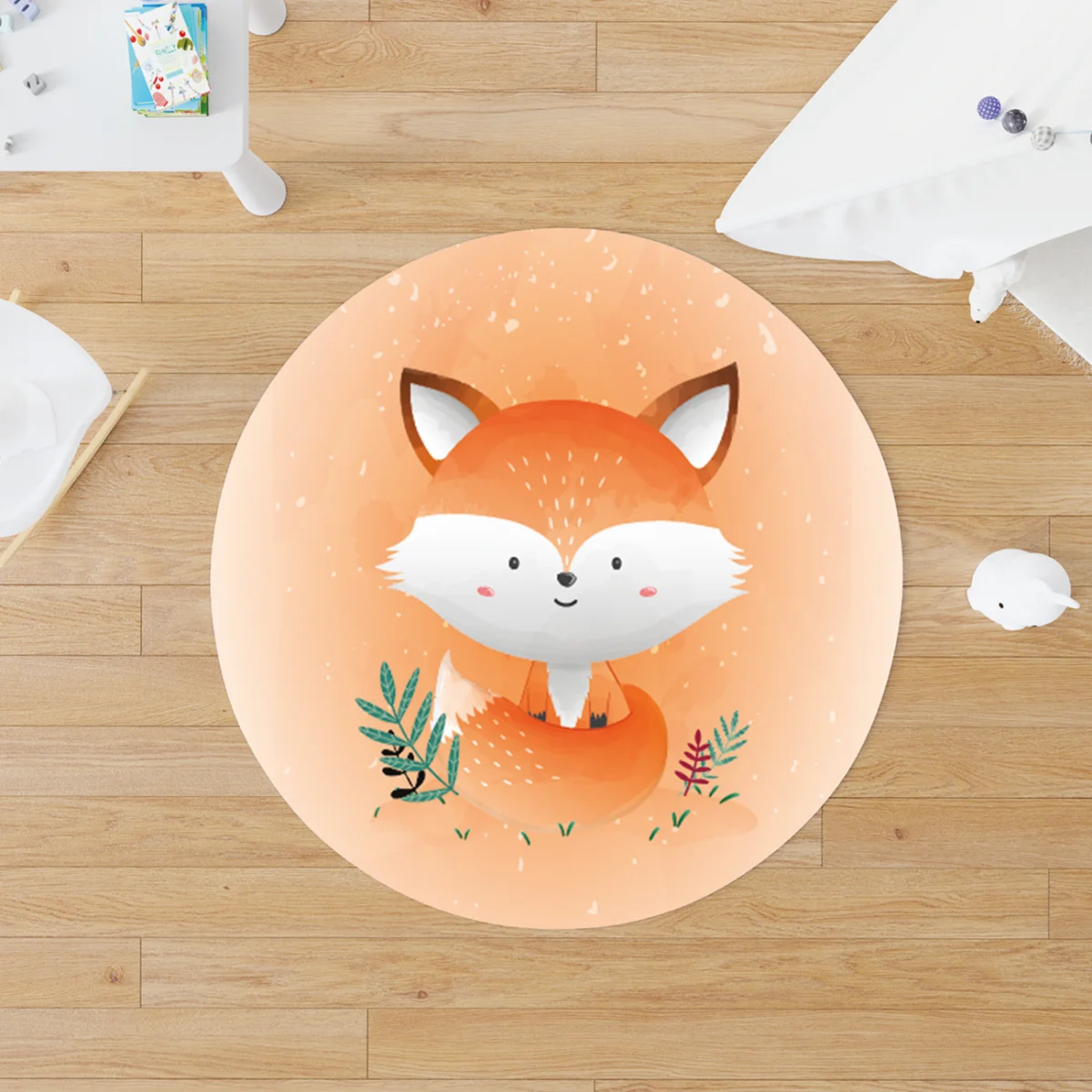 Tilki Yuvarlak Halı | Turuncu yeşil yapraklar, beyaz benekler Desenli