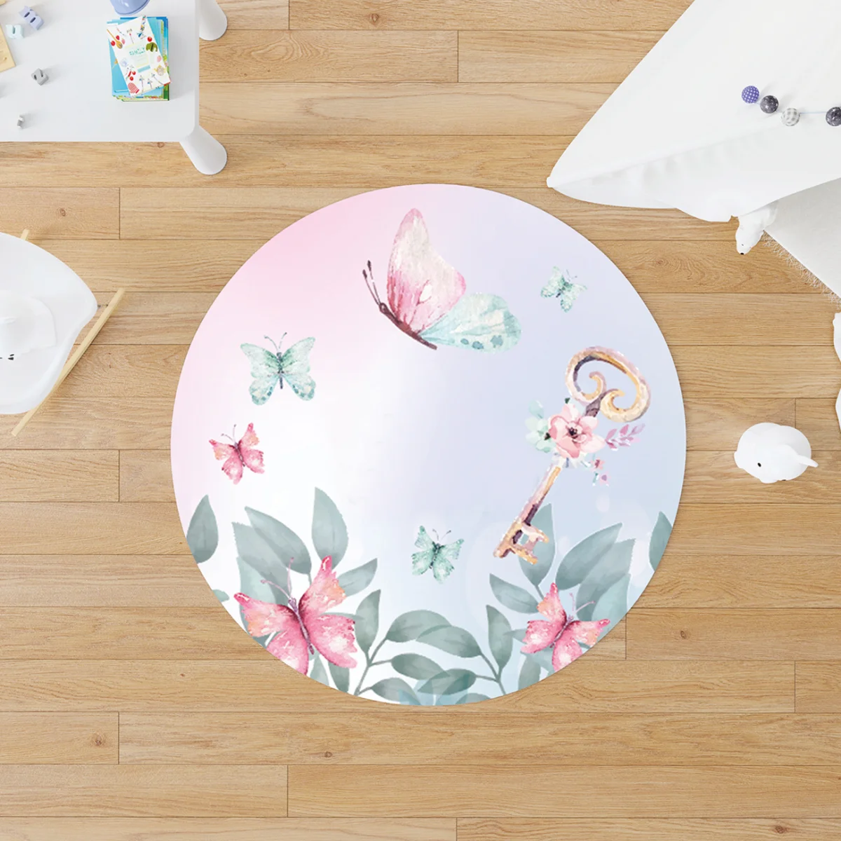 Kelebekler Yuvarlak Halı | Pembe Yapraklar, çiçekler Desenli