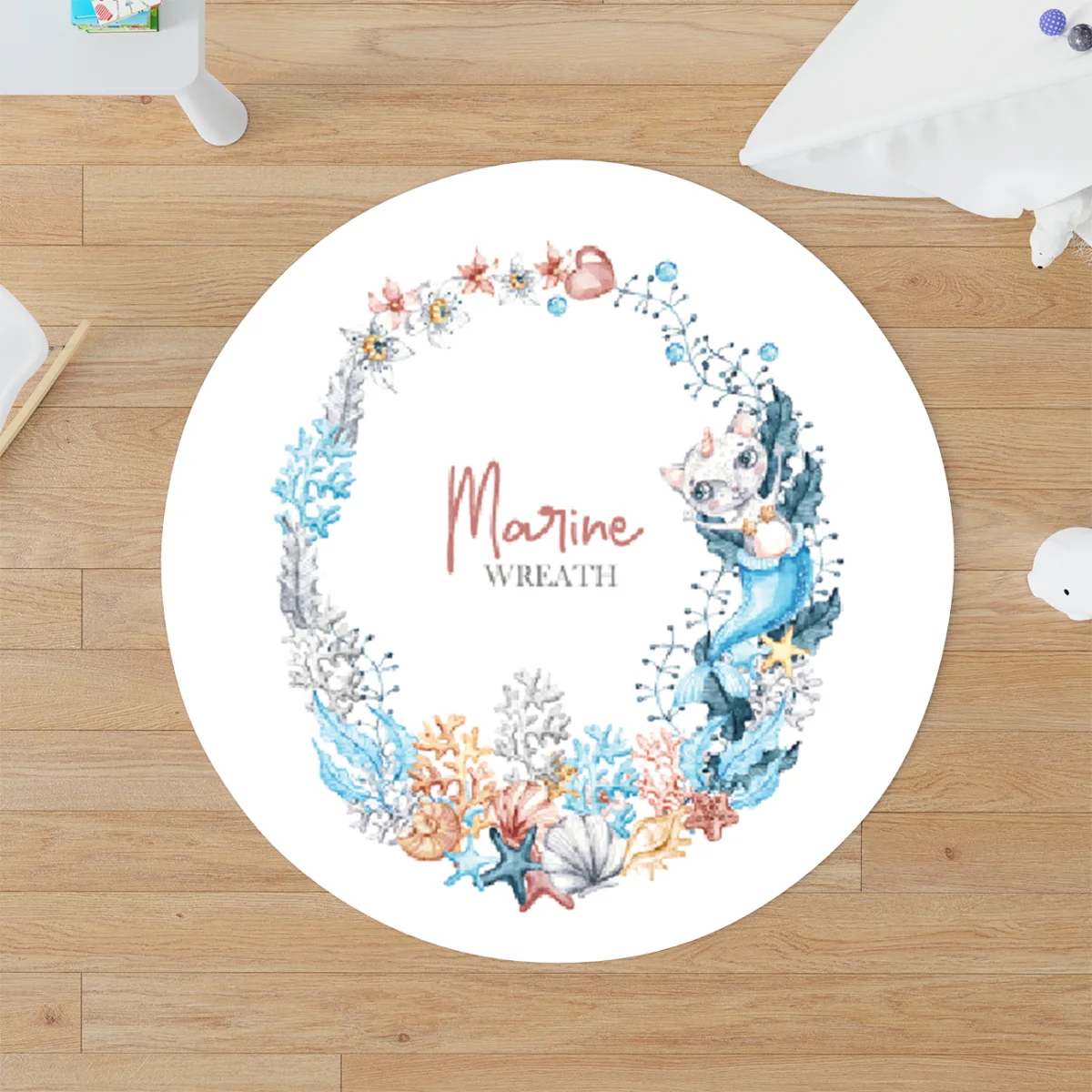 Deniz Kızı Kedi, Marine Çelenk Yuvarlak Halı | Beyaz Mercanlar, deniz kabukları Desenli
