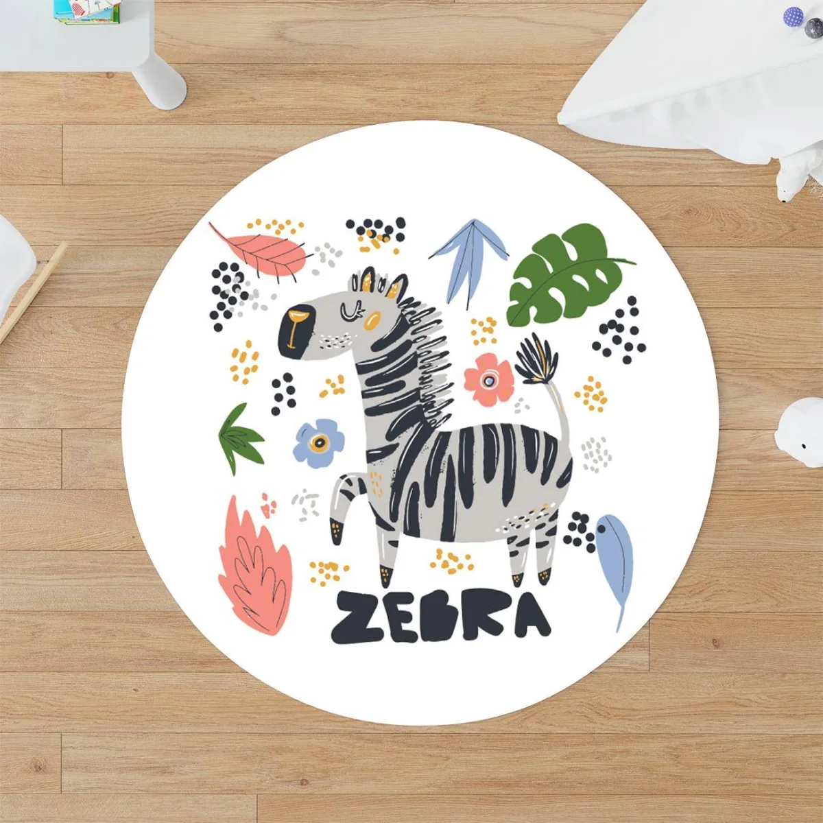 Zebra Yuvarlak Halı | Beyaz noktalar, yapraklar Desenli