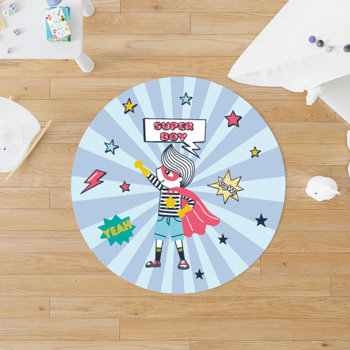 Süper Kahraman Yuvarlak Halı | Mavi yıldızlar, şimşek Desenli