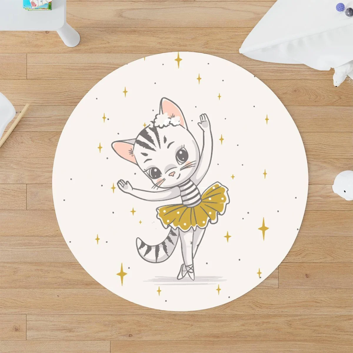 Balet Kedi Yuvarlak Halı | Beyaz yıldızlar, puantiye Desenli