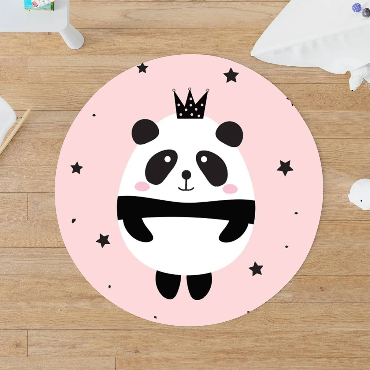 Panda Yuvarlak Halı | Pembe yıldızlar, taç Desenli