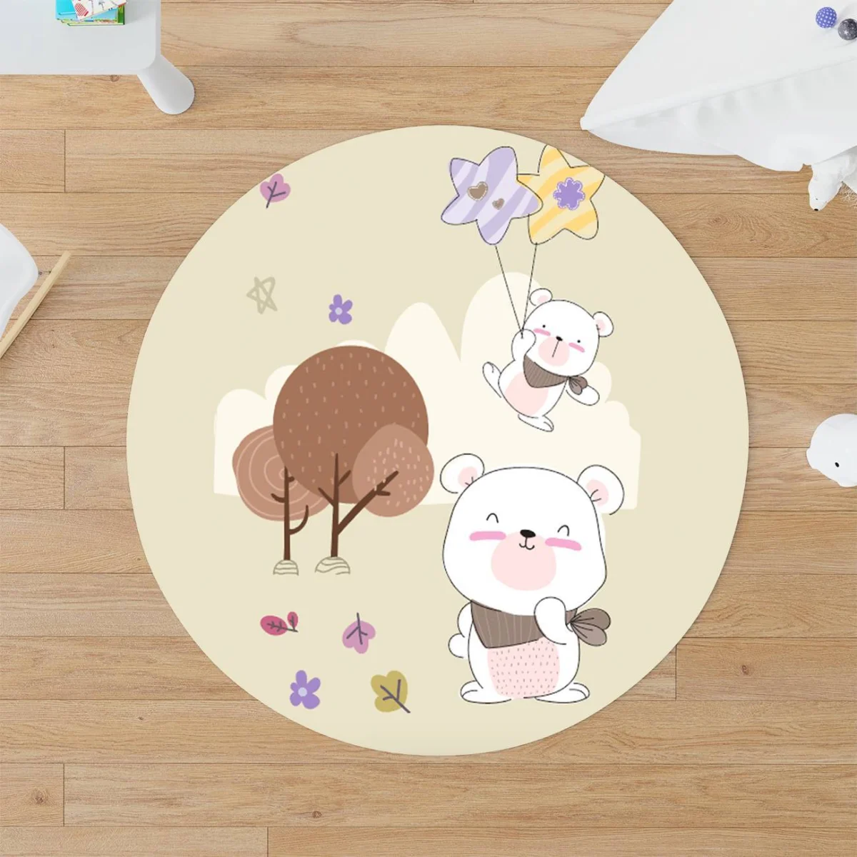 Ayı Yuvarlak Halı | Yeşil Ayılar, yıldızlar Desenli