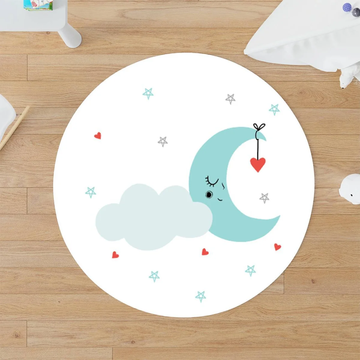 Ay ve Kalpler Yuvarlak Halı | Beyaz uyuyan ay, bulut Desenli